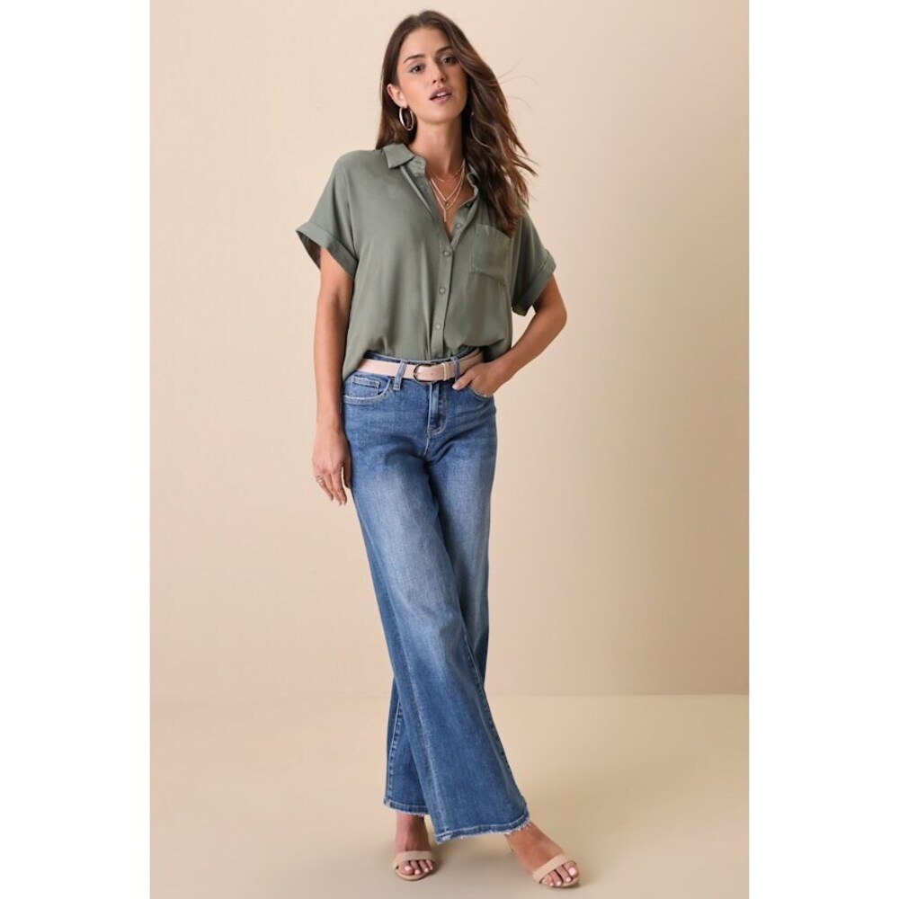 Lulus Blythe Olive Green Short Sleeve Button-up Top - Size S